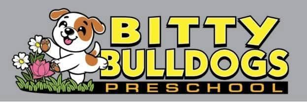 Logo for Bitty Bulldogs featuring a cartoon bulldog puppy playing in some flowers with the words Bitty Bulldogs Preschool